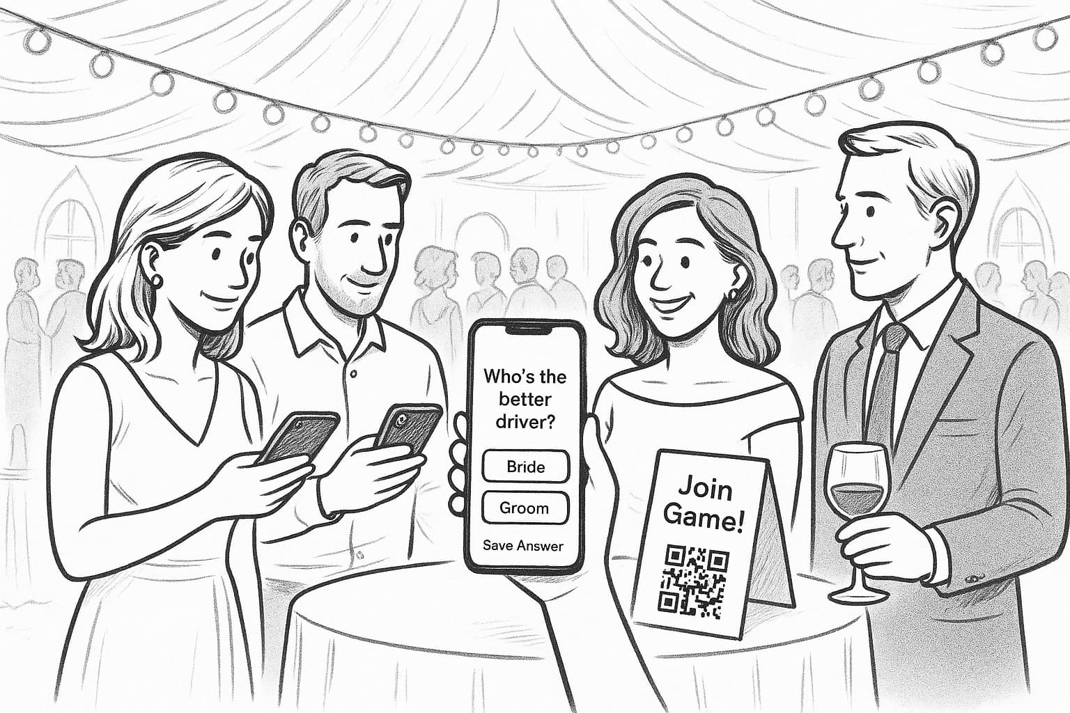 Wedding guests excitedly scanning a QR code and answering questions on their phones.