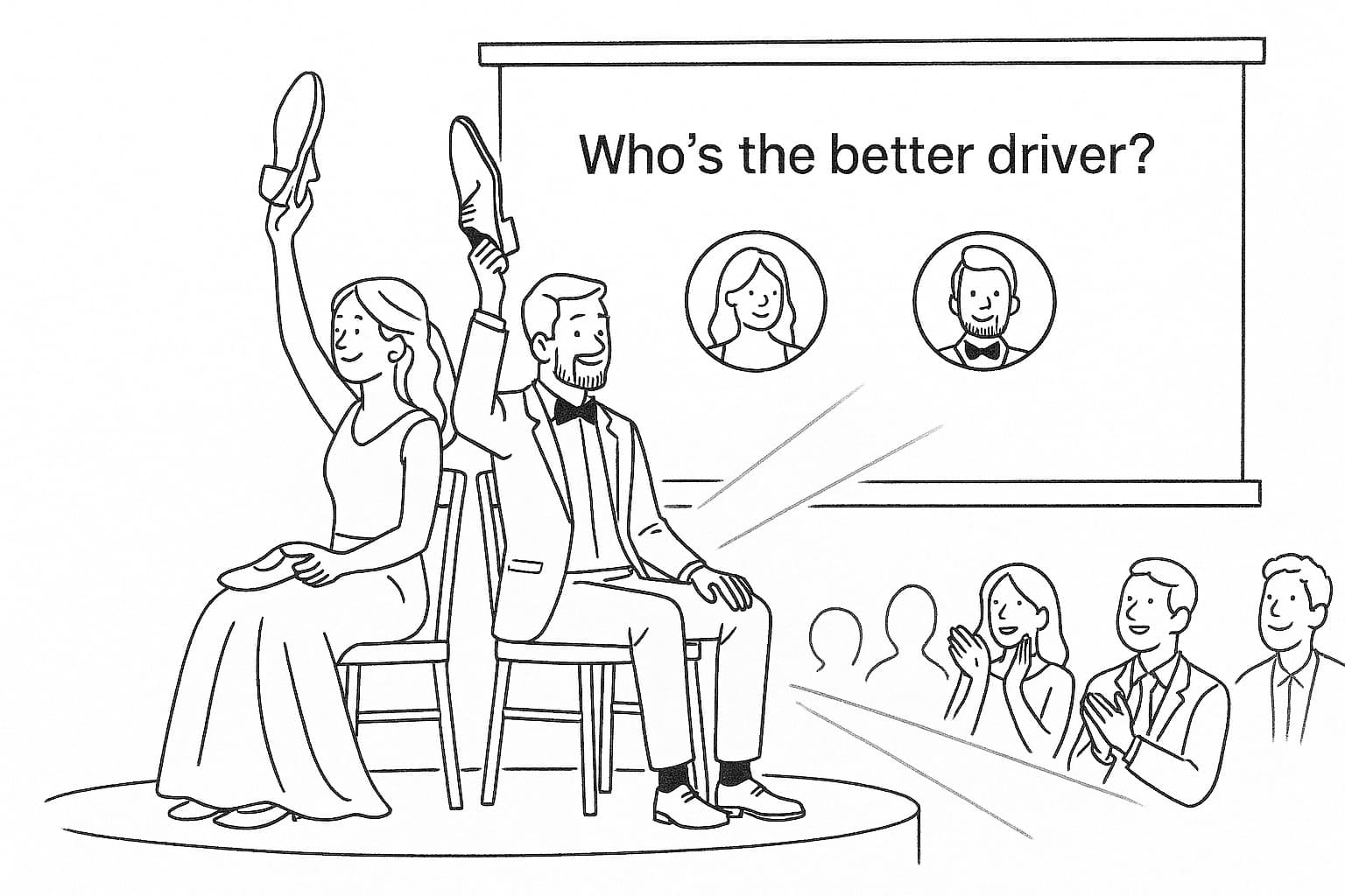 Bride and groom on stage holding up shoes while guests look on and cheer.