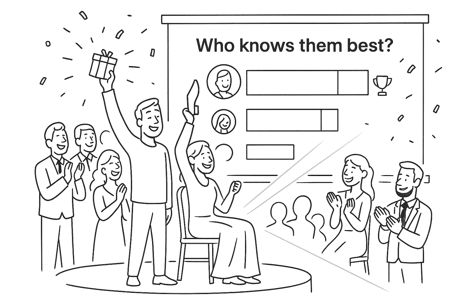 Wedding guest celebrating on stage with a prize next to the scoreboard finale.