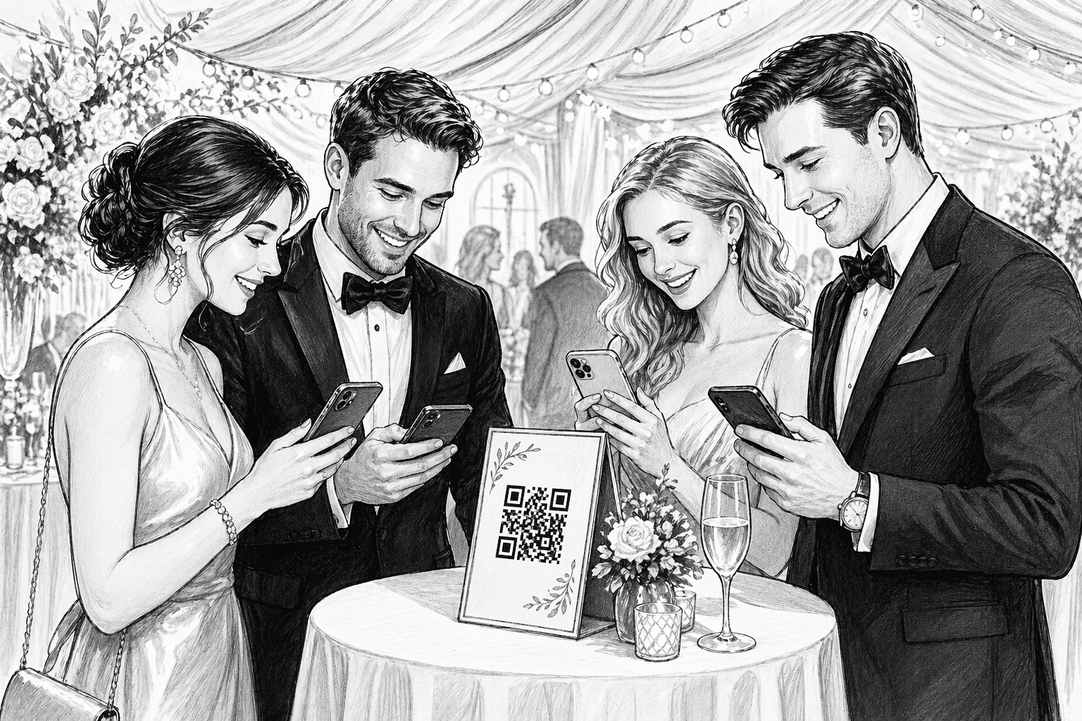 Wedding guests excitedly scanning a QR code and answering questions on their phones.