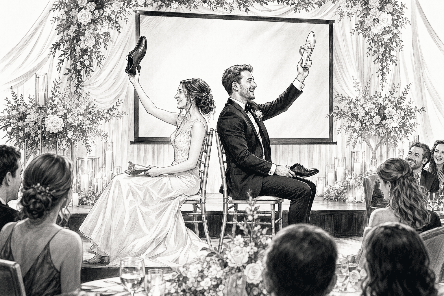 Bride and groom on stage holding up shoes while guests look on and cheer.