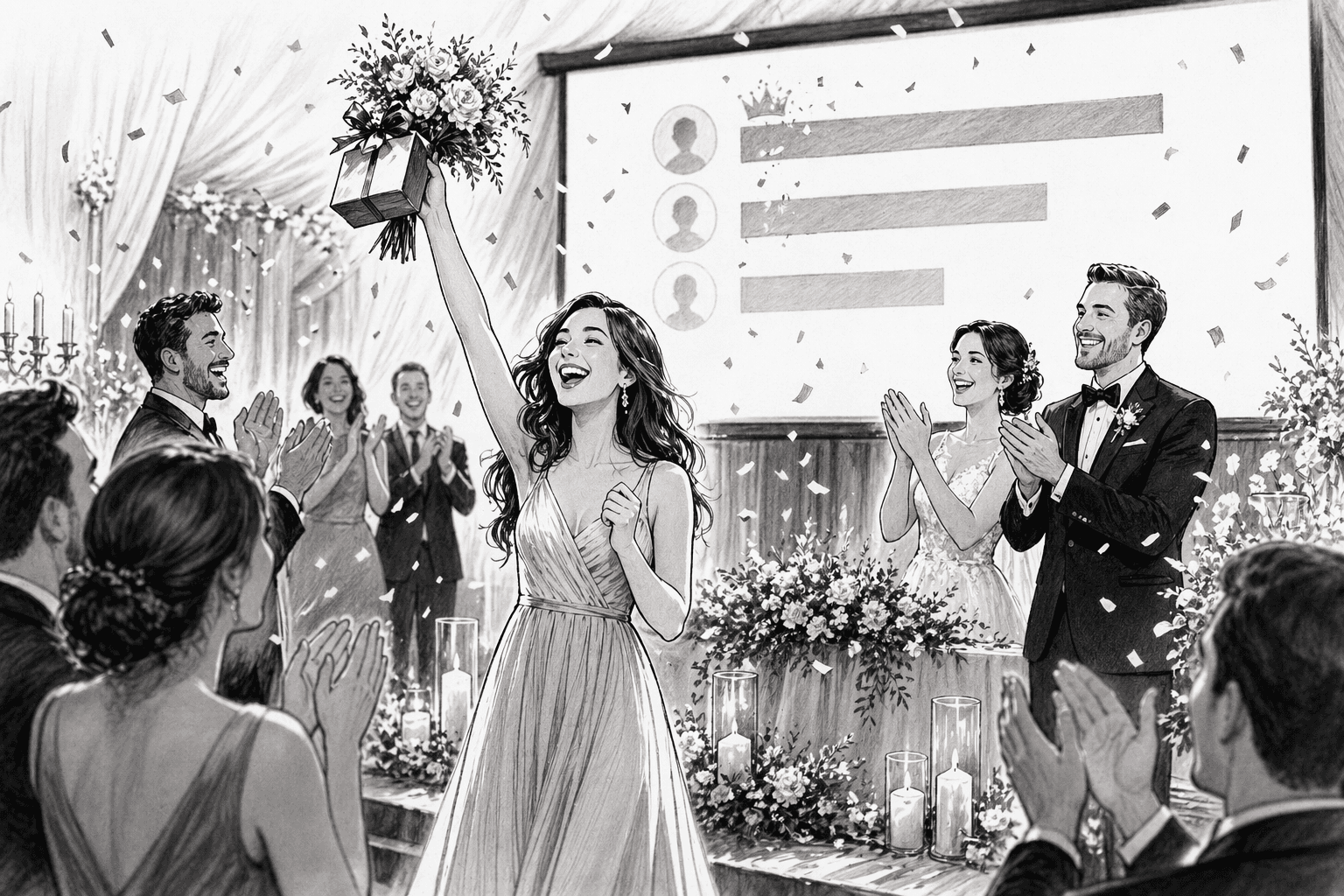 Wedding guest celebrating on stage with a prize next to the scoreboard finale.